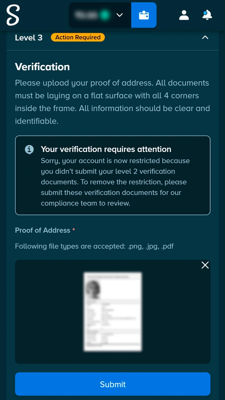 Upload residency documents to verify your Stake account.
